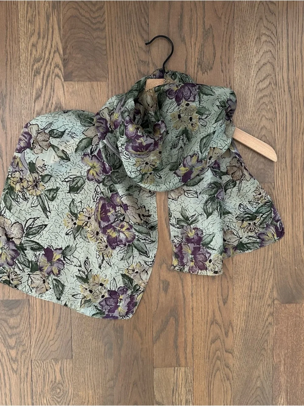 Vintage Floral Print 100% Silk Oblong Scarf in Sage Green, Black, Purple, 65